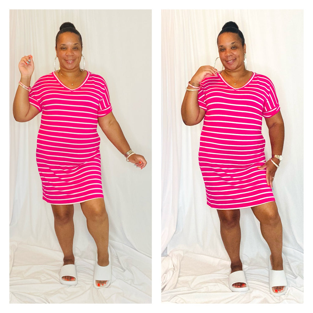 Pink Stripe Stretchy T- Shirt Dress