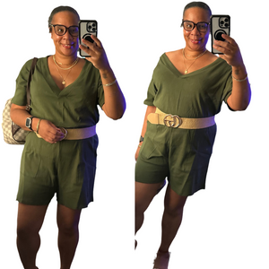 OLIVE DROP SHOULDER V-NECK ROMPER WITH POCKETS