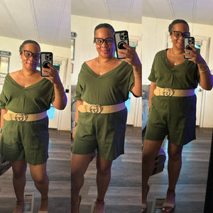 OLIVE DROP SHOULDER V-NECK ROMPER WITH POCKETS