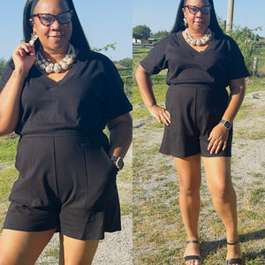 BLACK DROP SHOULDER V-NECK ROMPER WITH POCKETS